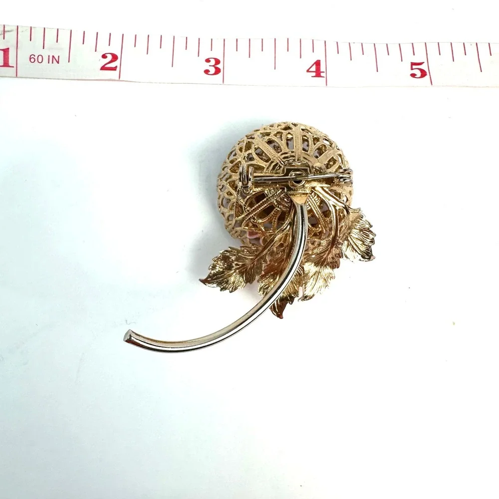 Vintage Gold Tone Purple Rhinestone Pink Enamel Leaf Floral Filigree Brooch Pin